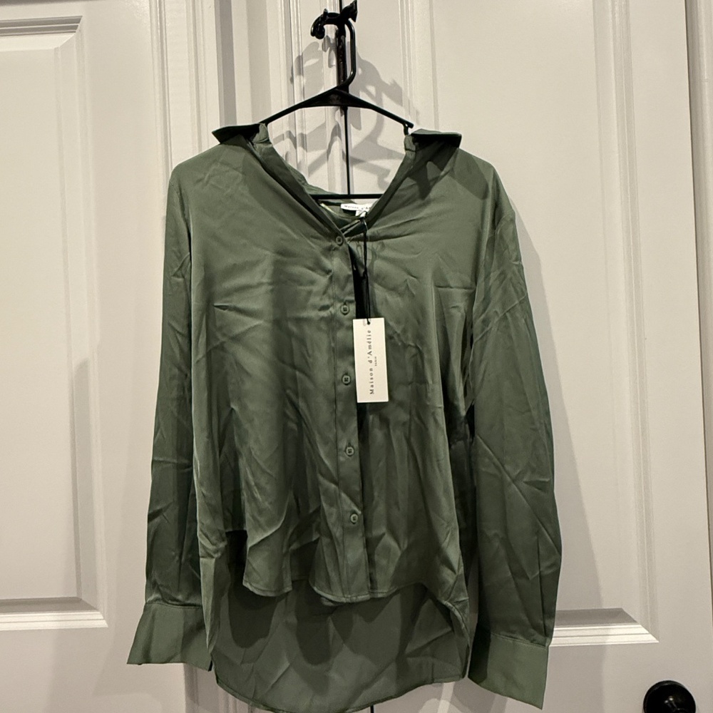 Sleek Olive Green Button-Up Silk Blouse